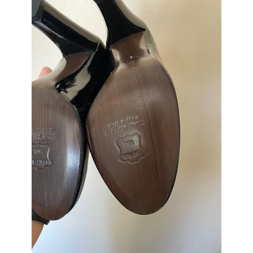 Stuart Weitzman Black Patent Leather Round Toe Block Heel Pumps Made in Spain 4M